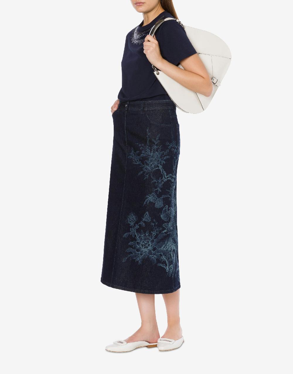 Alberta Ferretti Gonna in denim con disegno ciliegio e farfalle Promozione Limitata