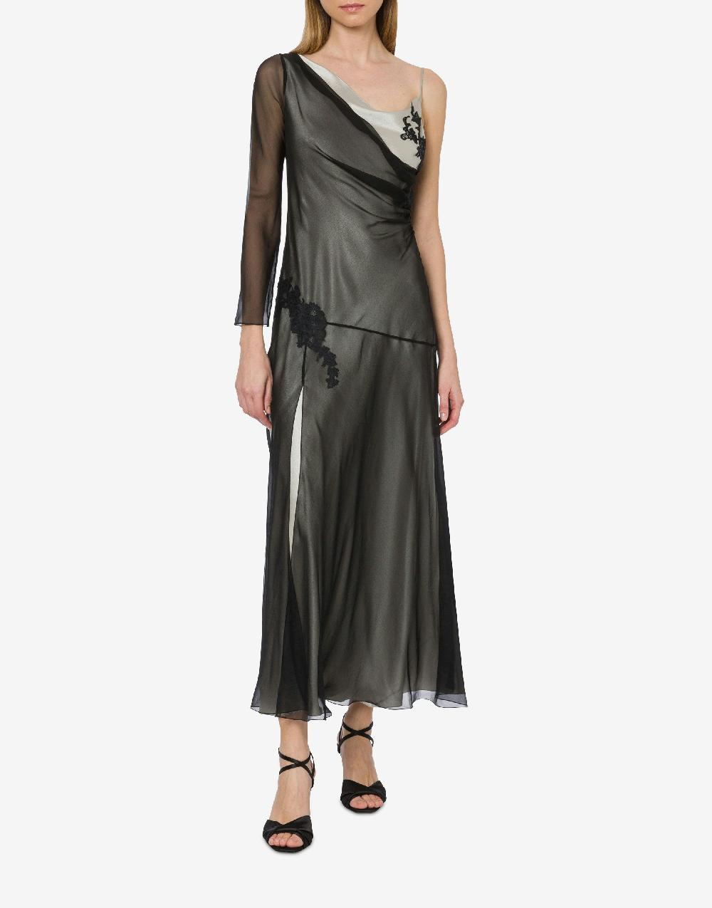 Alberta Ferretti Abito lungo in raso e chiffon con pizzo Outlet