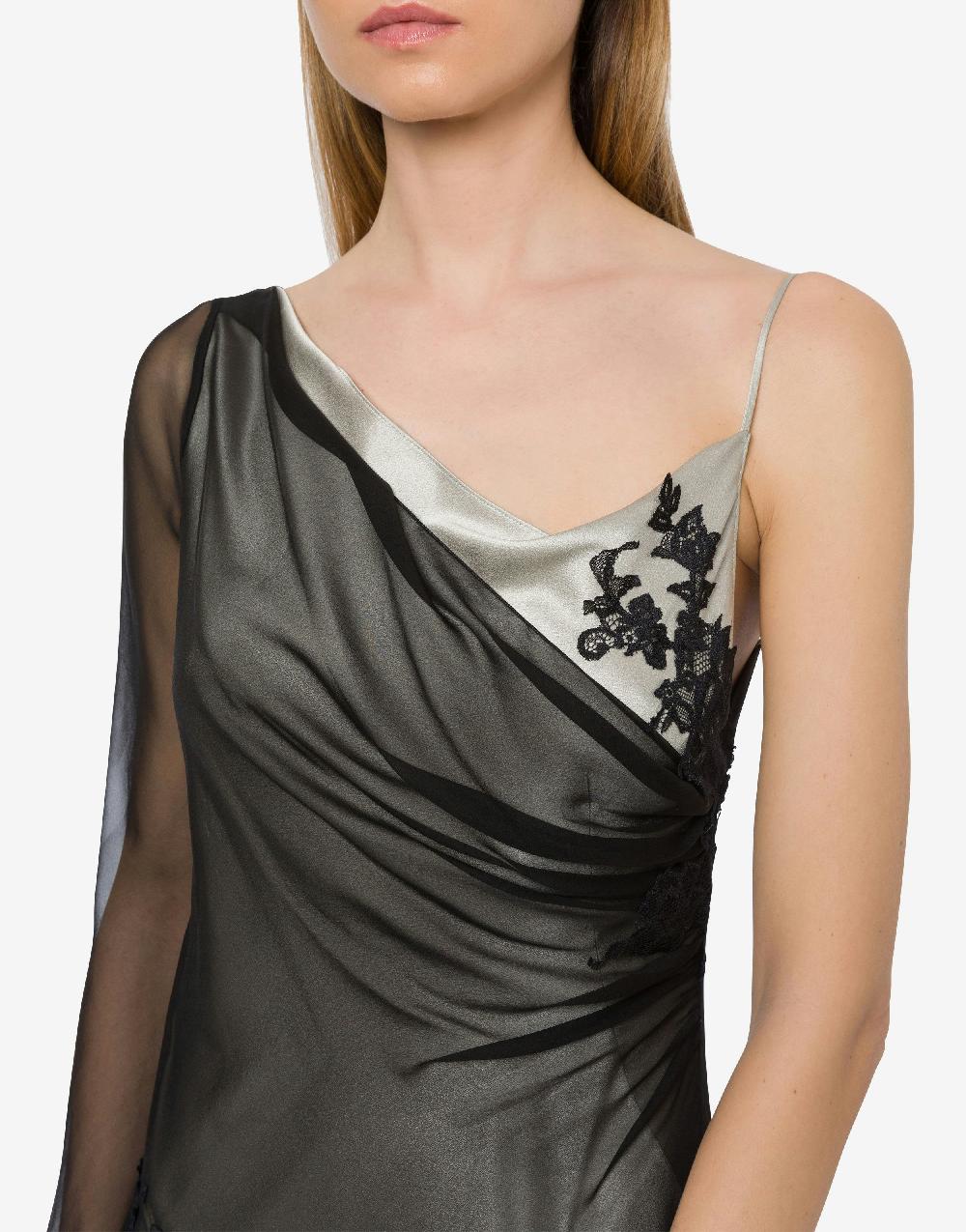 Alberta Ferretti Abito lungo in raso e chiffon con pizzo Outlet